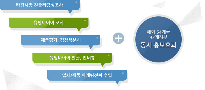 타깃시장 진출타당성 조사, 유망바이어 조사, 제품평가, 경쟁력분석, 유망바이어 발굴, 인터뷰, 업체/제품 마케팅전략 수립, 전략국가 지사화 업무대행